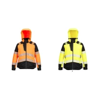 Chaqueta de Trabajo Alta Visibilidad Multibolsillos Impermeable Elástica con Cremallera Completa y Capucha Mujer Portwest T162