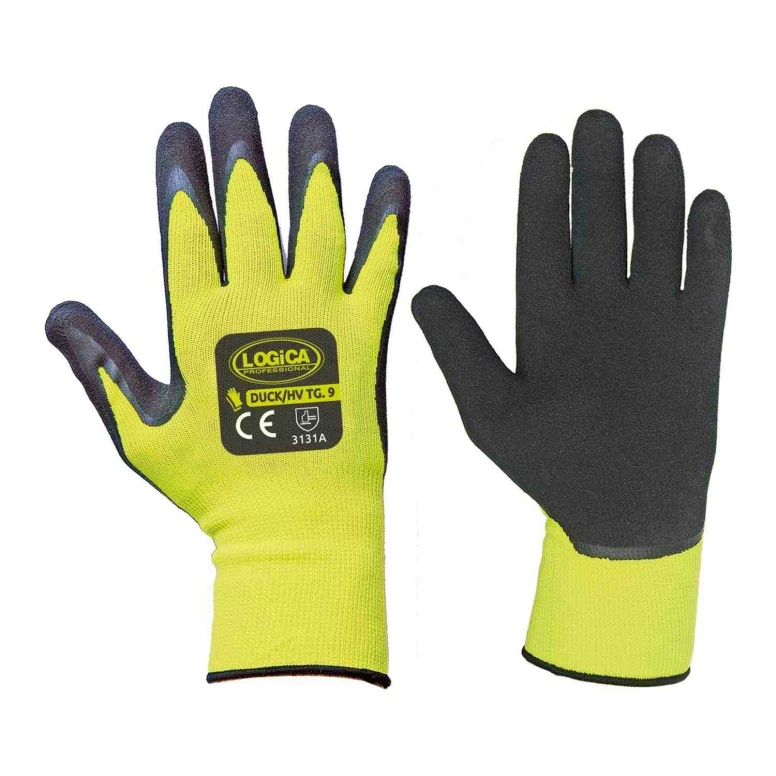 12 Pares - Guantes de Trabajo Recubiertos en Látex Alta Visibilidad Logica DUCK/HV