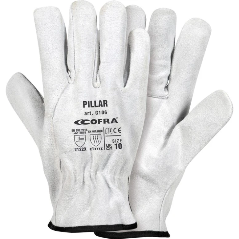 12 Pares - Guantes de Trabajo Stretch Cofra de Cuero Serraje Pillar G106-DD00