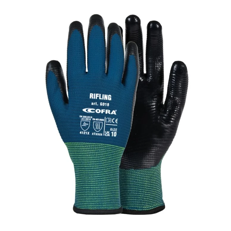 12 Pares - Guantes de Trabajo Cofra Riflin de Nitrilo G018-DD00