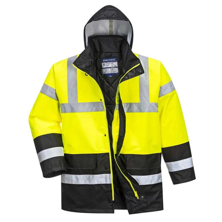 Chaqueta de Trabajo Alta Visibilidad Impermeable Multibolsillos Bicolor con Capucha Traffic Portwest S466