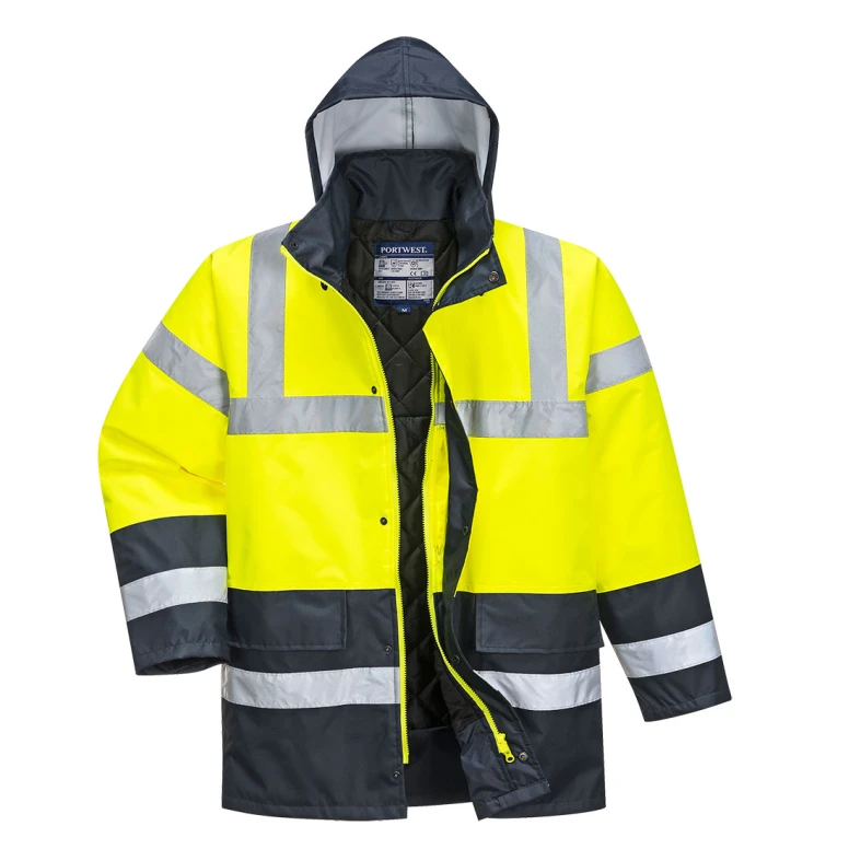 Chaqueta de Trabajo Alta Visibilidad Impermeable Multibolsillos Bicolor con Capucha Traffic Portwest S466