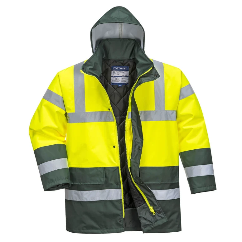 Chaqueta de Trabajo Alta Visibilidad Impermeable Multibolsillos Bicolor con Capucha Traffic Portwest S466