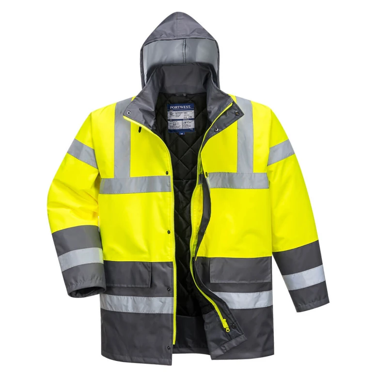 Chaqueta de Trabajo Alta Visibilidad Impermeable Multibolsillos Bicolor con Capucha Traffic Portwest S466