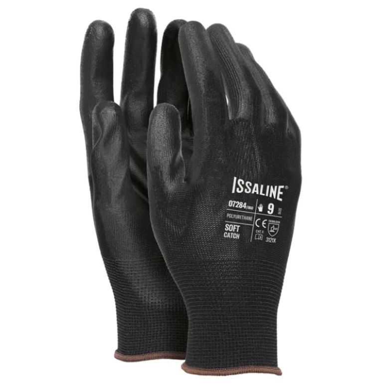 Liquidación total - 12 Pares - Guantes de trabajo de Poliuretano Recubierto PU - Issa Line 07284 color Negro Número 8