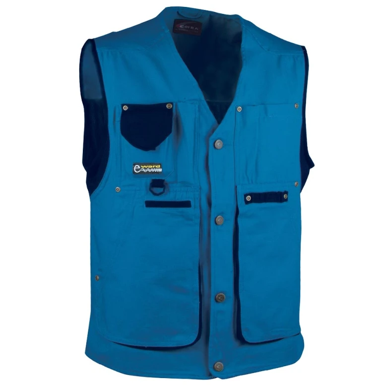 Liquidación total - Chaleco de trabajo Multibolsillos Cofra Zurich 100% algodón Canvas V055-0-00 número 54 color celeste negro
