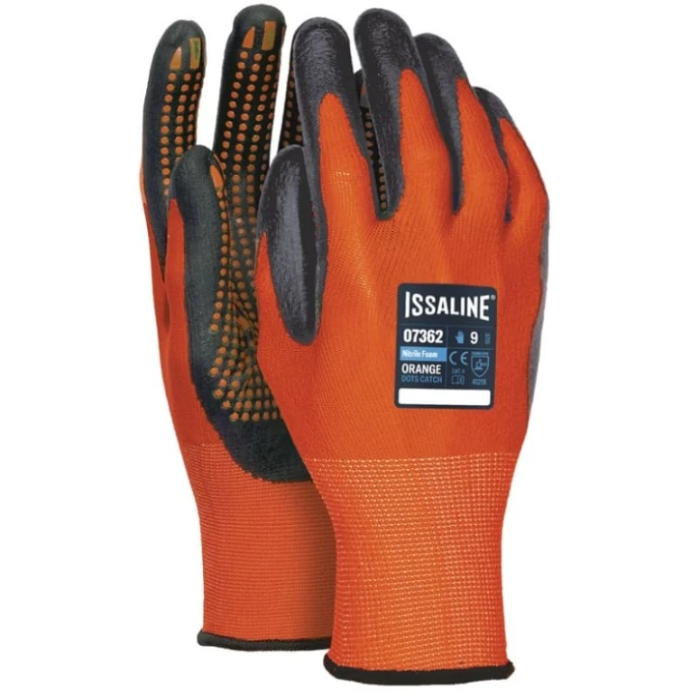 12 Pares - Guantes de trabajo Orange Dots de nitrilo - Issa Line 07362