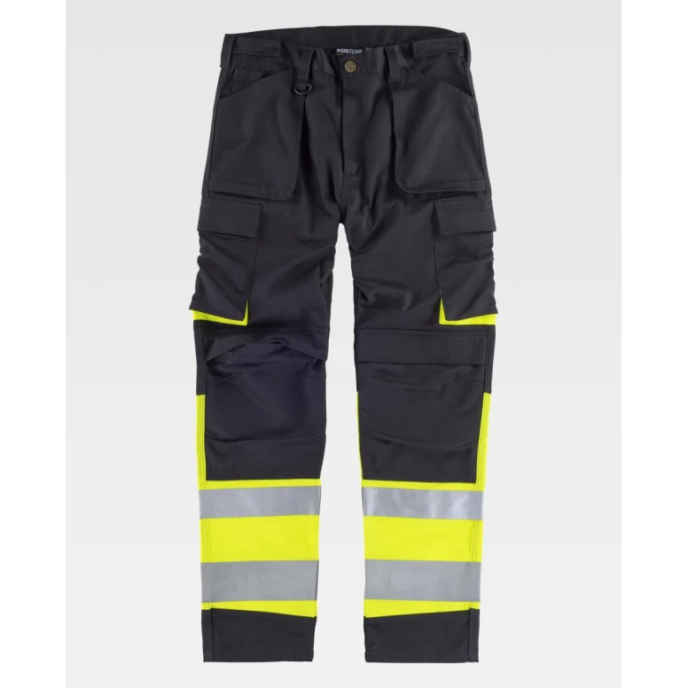 Liquidación total - Pantalón de trabajo Multibolsillos Alta visibilidad C2918 - Workteam Número 42 Color Negro Naranja